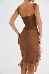 Brown Sleeveless Backless Ruffle Midi Dress